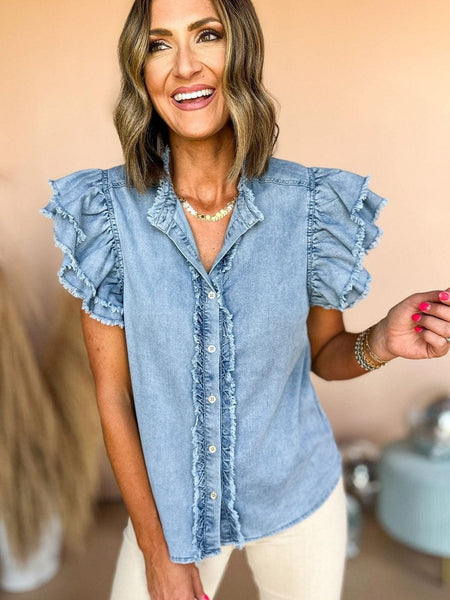 Women's Beau Blue Ruffle Flutter Sleeve Frayed Denim Top