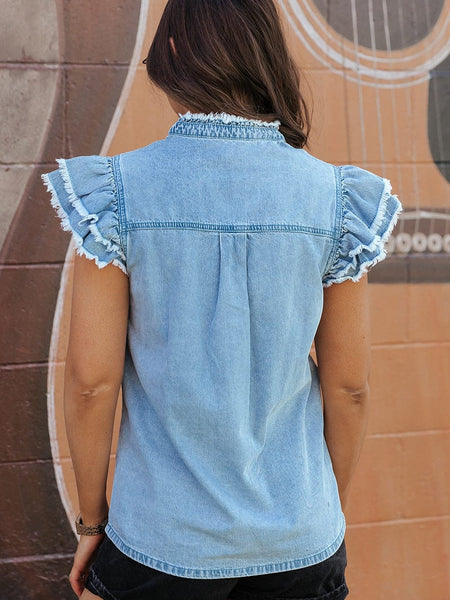 Women's Beau Blue Ruffle Flutter Sleeve Frayed Denim Top