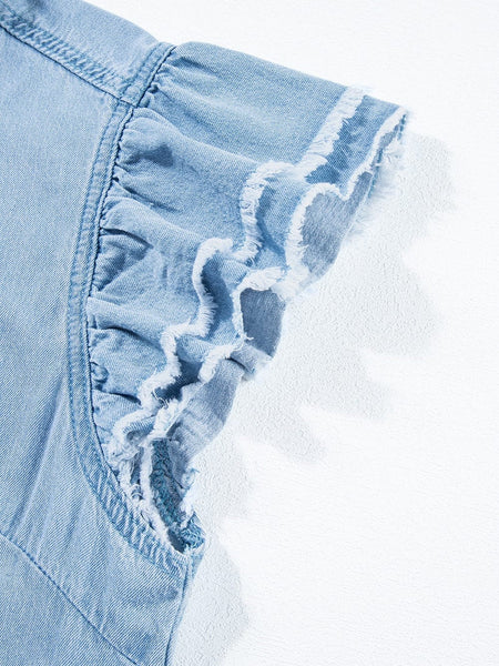 Women's Beau Blue Ruffle Flutter Sleeve Frayed Denim Top
