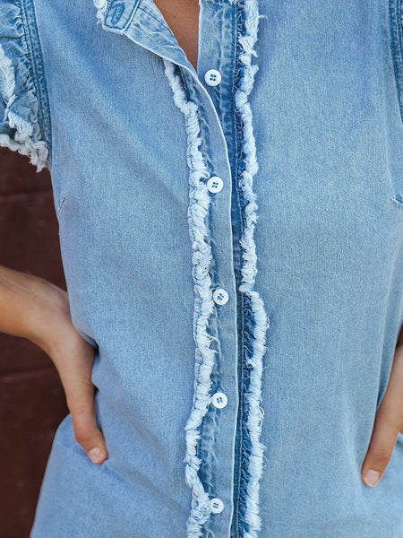Women's Beau Blue Ruffle Flutter Sleeve Frayed Denim Top