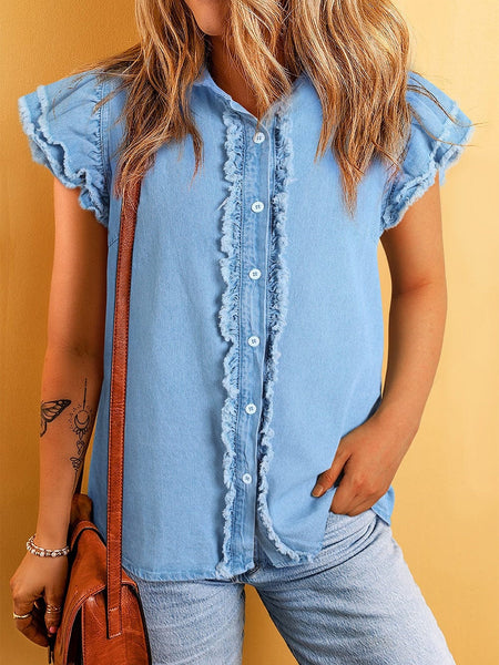 Women's Beau Blue Ruffle Flutter Sleeve Frayed Denim Top