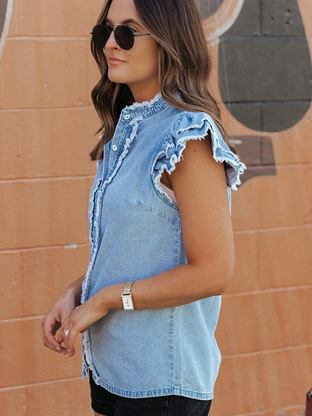 Women's Beau Blue Ruffle Flutter Sleeve Frayed Denim Top