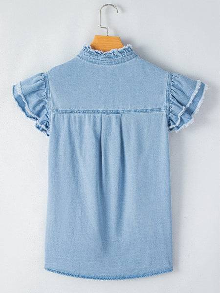 Women's Beau Blue Ruffle Flutter Sleeve Frayed Denim Top