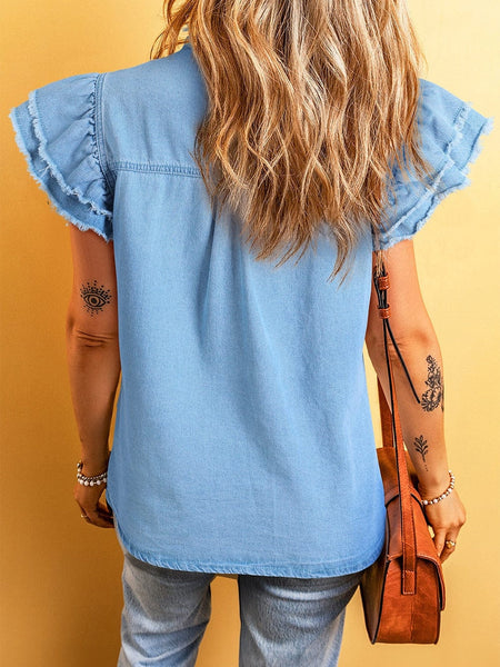 Women's Beau Blue Ruffle Flutter Sleeve Frayed Denim Top