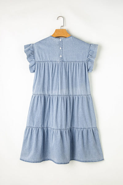 Women's Beau Blue Denim Tiered A-line Dress with Ruffle Details