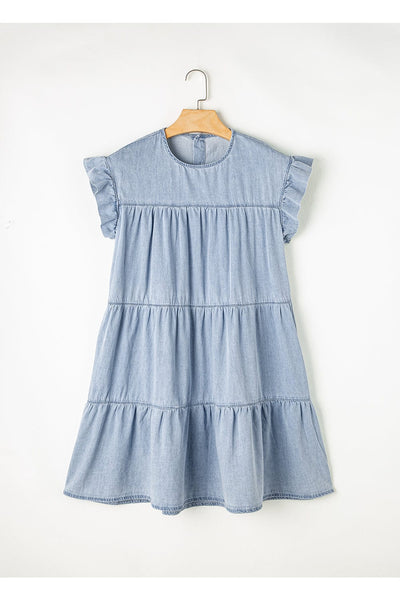 Women's Beau Blue Denim Tiered A-line Dress with Ruffle Details