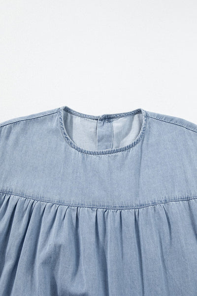 Women's Beau Blue Denim Tiered A-line Dress with Ruffle Details
