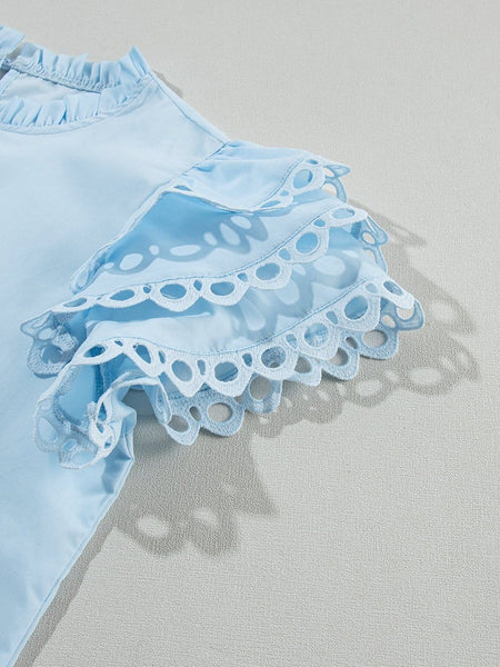 Beau Blue Elegant Cap Sleeve Blouse with Ric Rac Detail