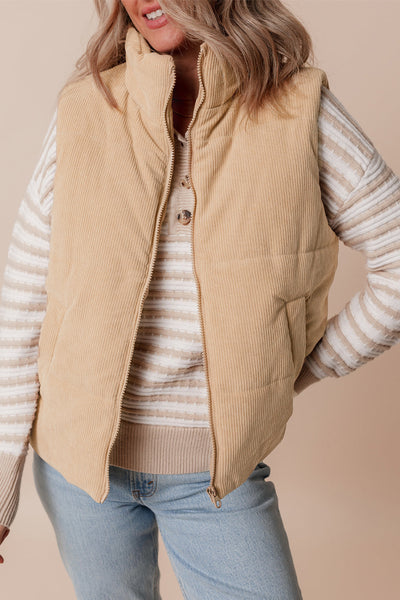 Beige Corduroy Puffer Vest with Stand Collar with practical styling and dependable silhouette control.