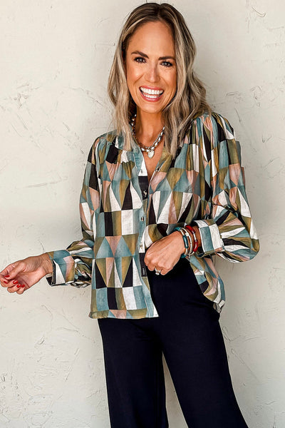 Stylish Women's Green Geometric Print Balloon Sleeve Shirt - Casual Loose Fit Top for Effortless Comfort
