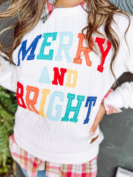 Cozy White Cable Knit Pullover with Merry and Bright Slogan