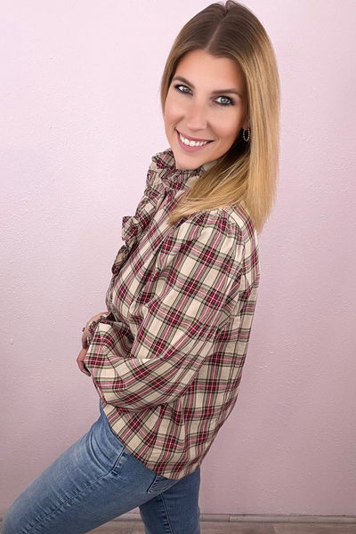 Trendy Women's Apricot Plaid Puff Sleeve Shirt with Frilled Collar Chic Casual Top for Everyday Fashion