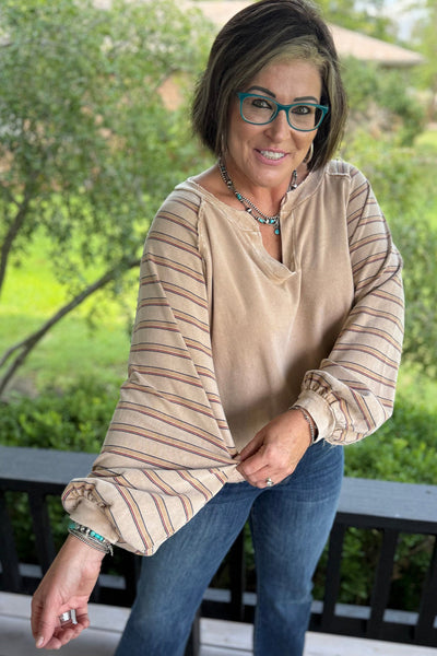 Plus Size Women's Striped Raglan Sleeve Jumper in Parchment with Stylish Notched Neck and Trendy Raw Edge Details