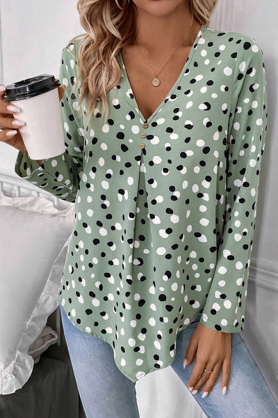 Stylish Women's Green Polka Dot V-Neck Blouse with Button Front - Perfect Casual Top for Spring and Summer Fashion