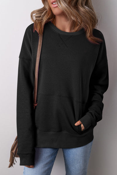 Women's Black Crisscross Stitch Sweatshirt with Pockets - Relaxed Fit for Cozy Casual Style