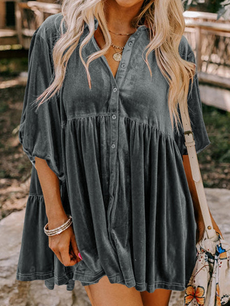 Velvety Dark Grey Babydoll Tunic with 3/4 Sleeves