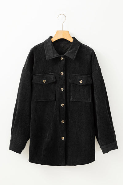 Chic Women's Black Corduroy Shacket with Flap Pockets - Trendy Button-Up Overshirt for Effortless Casual Style