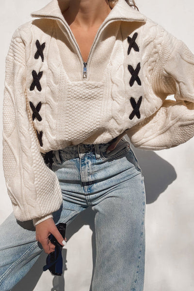 Cozy Women's Cable Knit Half Zip Sweater in Jet Stream Blue with Contrast Detail Relaxed Fit for Ultimate Comfort