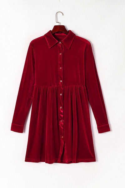 Chic Women's Fiery Red Velvet Long Sleeve Ruffle Dress - Stylish Button-Up Fit Perfect for Special Occasions