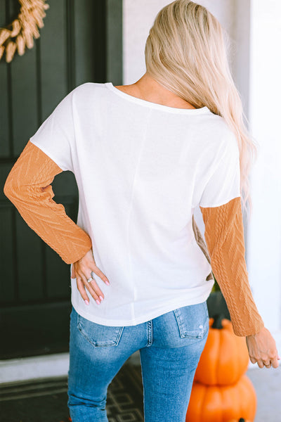 Women's Casual Orange Colorblock Knit Top with Long Sleeves and Chest Pocket - Trendy Textured Design for Everyday Style