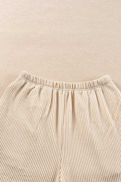 Chic Women's Parchment Corded Knit Long Sleeve Top & High-Waisted Shorts Set - Cozy Loungewear for Effortless Style
