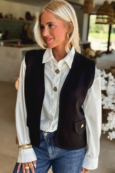 Chic Women's Black Open Front Vest with Braided Trim - Perfect Layering Top for Trendy Outfits and Effortless Style