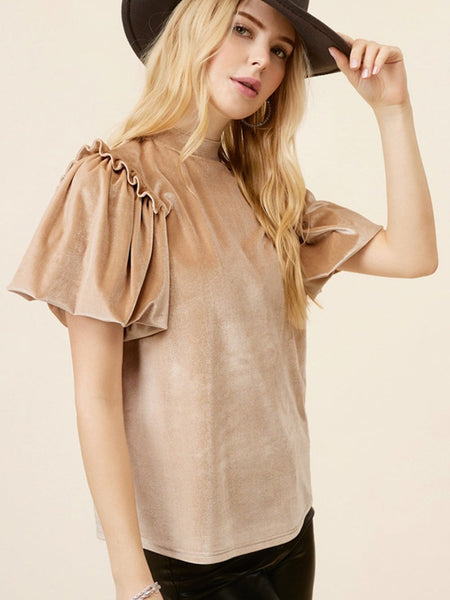 Romantic French Beige Ruffled Puff Sleeve Mock Neck Velvet Blouse