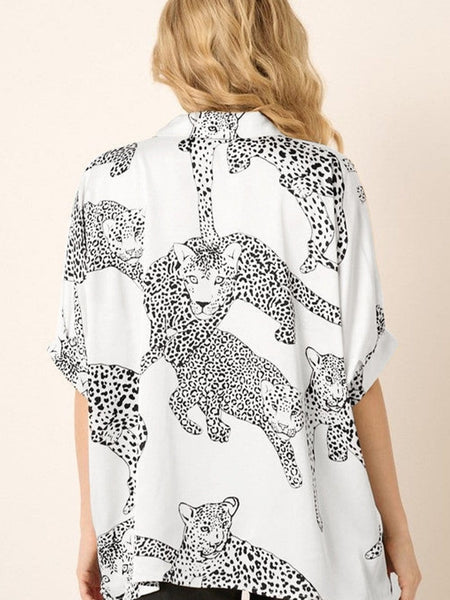 Beige Leopard Print Button-Up Half Sleeve Blouse