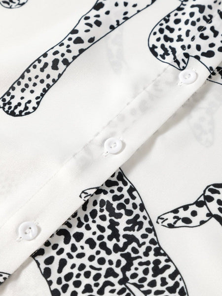 Beige Leopard Print Button-Up Half Sleeve Blouse