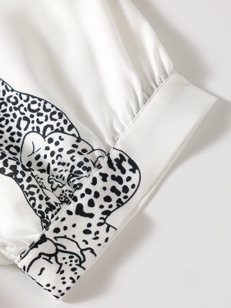 Beige Leopard Print Button-Up Half Sleeve Blouse