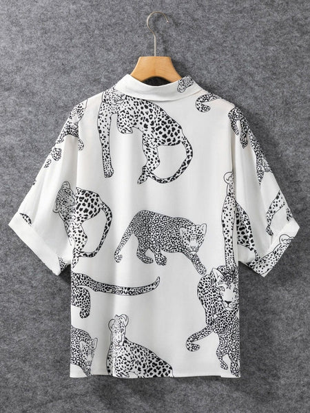 Beige Leopard Print Button-Up Half Sleeve Blouse