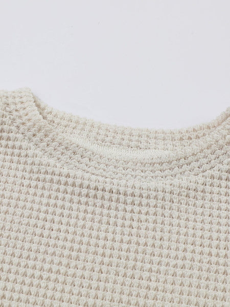 Beige Sunflower Mesh Bubble Sleeve Lace Detail Waffle Knit Top