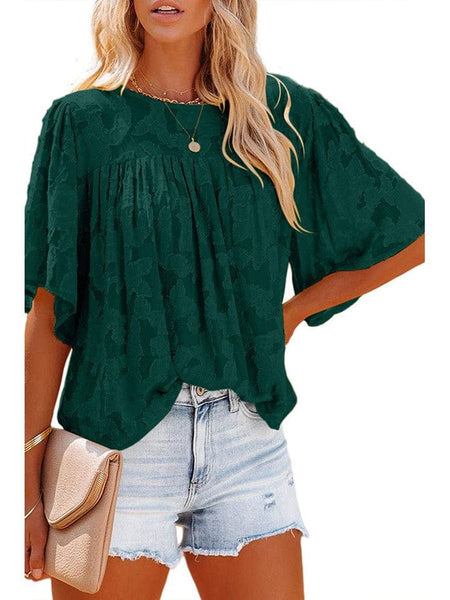 Bell Sleeve Crewneck Lace Floral Textured Babydoll Blouse