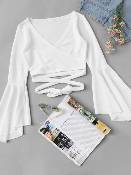 Women's Bell Sleeve Self-Tie Crop Top in Crop Tops with versatile layering silhouettes