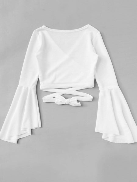 Women's Bell Sleeve Self-Tie Crop Top in Crop Tops with versatile layering silhouettes