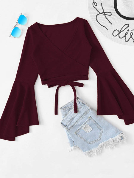 Women's Bell Sleeve Self-Tie Crop Top in Crop Tops with versatile layering silhouettes