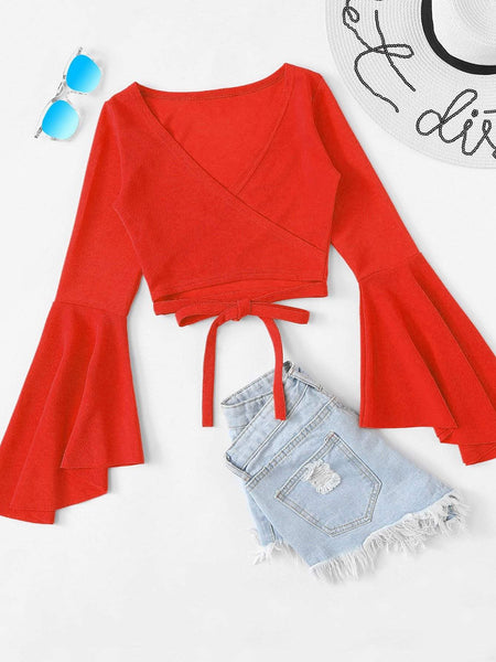 Women's Bell Sleeve Self-Tie Crop Top in Crop Tops with versatile layering silhouettes