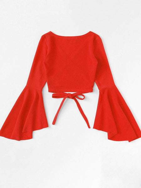 Women's Bell Sleeve Self-Tie Crop Top in Crop Tops with versatile layering silhouettes