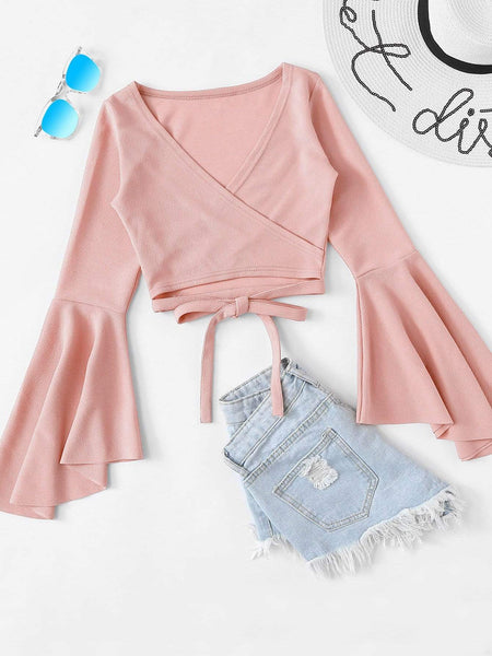 Women's Bell Sleeve Self-Tie Crop Top in Crop Tops with versatile layering silhouettes