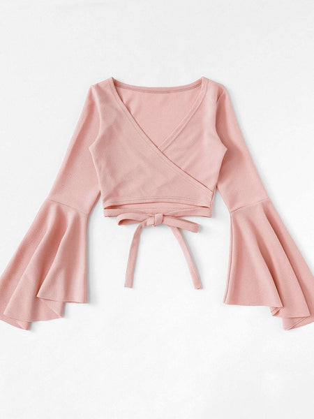 Women's Bell Sleeve Self-Tie Crop Top in Crop Tops with versatile layering silhouettes