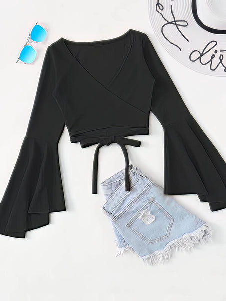 Women's Bell Sleeve Self-Tie Crop Top in Crop Tops with versatile layering silhouettes