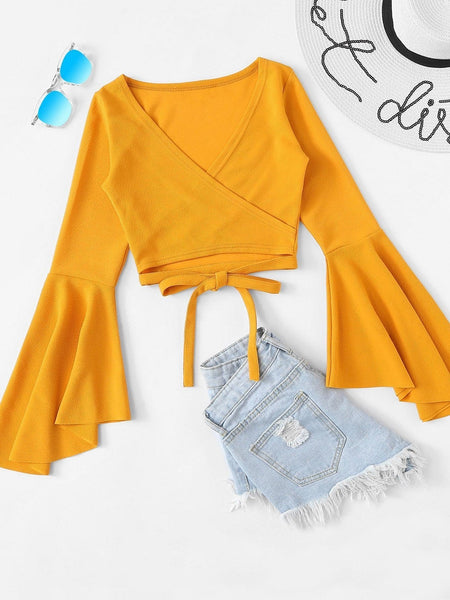 Women's Bell Sleeve Self-Tie Crop Top in Crop Tops with versatile layering silhouettes