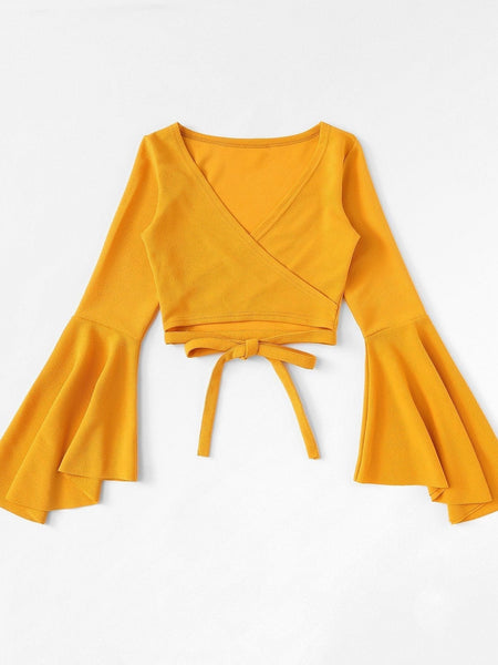 Women's Bell Sleeve Self-Tie Crop Top in Crop Tops with versatile layering silhouettes