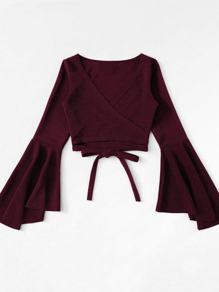 Women's Bell Sleeve Self-Tie Crop Top in Crop Tops with versatile layering silhouettes