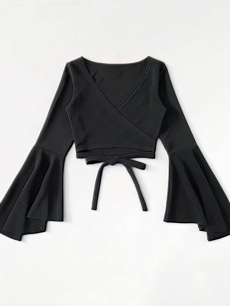 Women's Bell Sleeve Self-Tie Crop Top in Crop Tops with versatile layering silhouettes