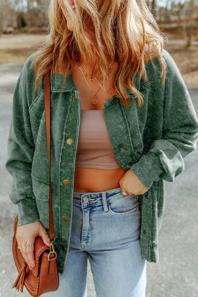 Trendy Women's Green Vintage Washed Shacket with Flap Pockets for Casual Layering and Effortless Style