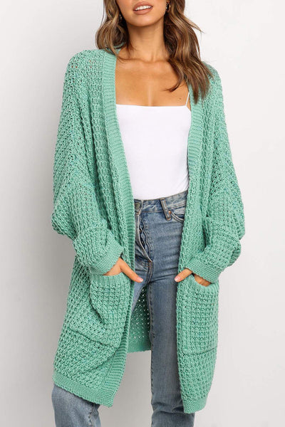 Cozy Women's Green Long Knit Cardigan with Pockets - Stylish Open Front for Effortless Layering and Everyday Comfort