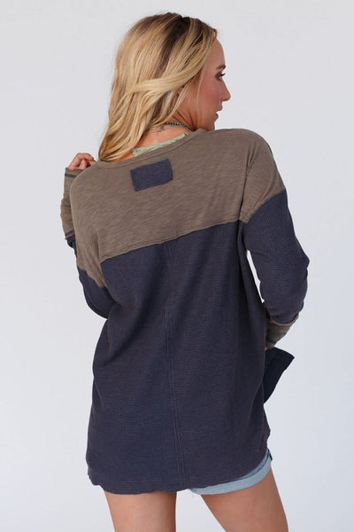Cozy Women's Dark Blue Thermal Top with Contrast Trim & Half Button Detail - Perfect Stylish Fit for Year-Round Wear