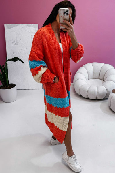 Chic Women's Orange Color Block Long Cardigan with Side Pockets - Cozy Open Front Layer for Effortless Style