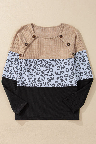 Stylish Women's Black Cheetah Print Button-Up T-Shirt with Textured Patchwork - Casual Fit Round Neck Top